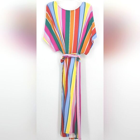 Eloquii Rainbow Wrap Around Dress Size 20 Multicolor Stripes Knee Length V Neck - Picture 3 of 9